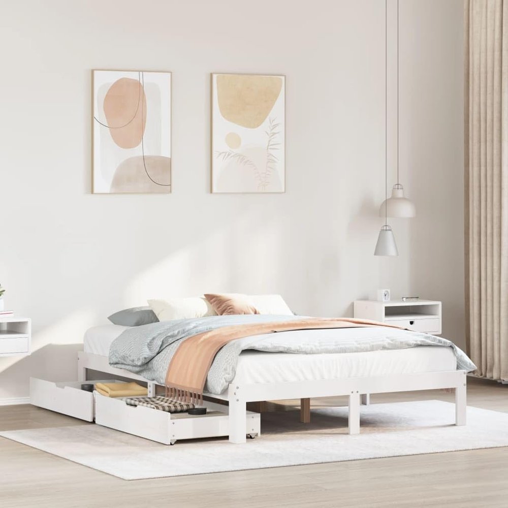 LLEZKBR Bed Frame with Drawers, White, 120 x 190 cm, Small Double Bed, Solid Pine