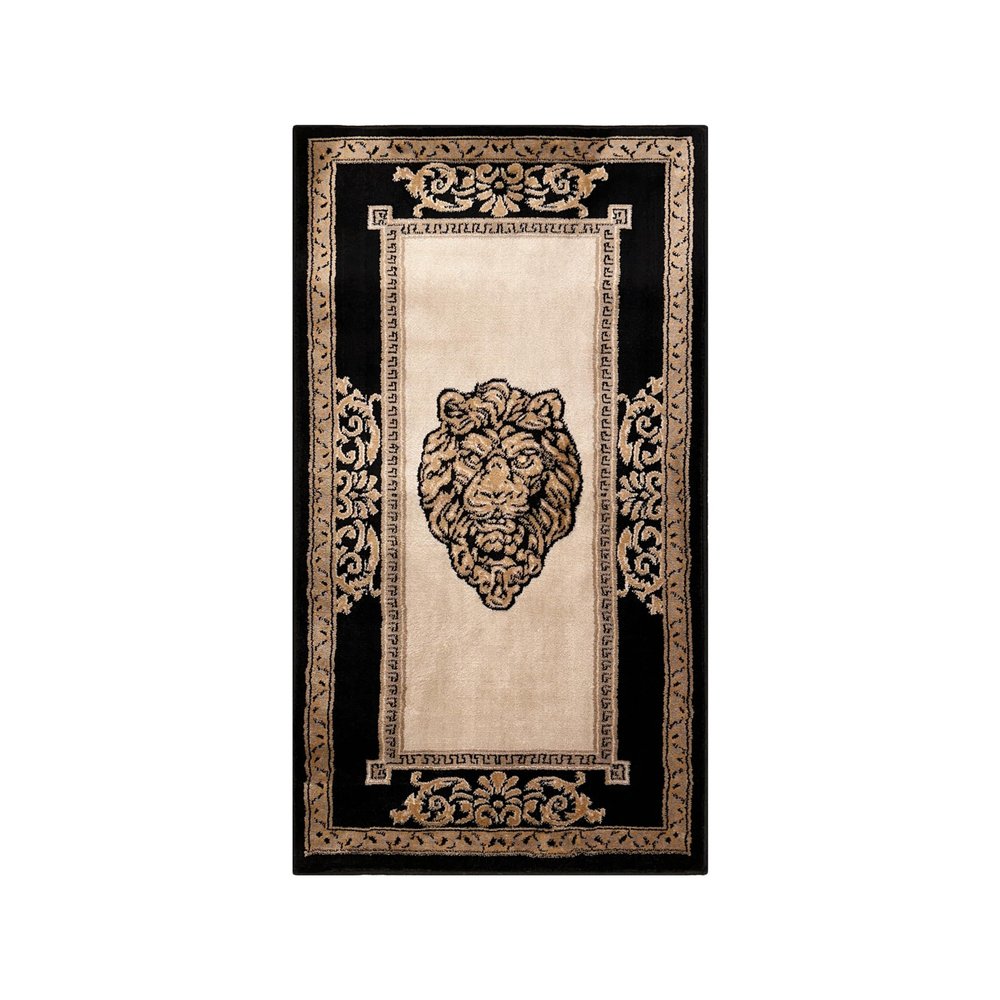 Belle Arti Luxury Black and Gold Lion Head Rug, Short Pile, Non-Slip, Hypoallergenic, 60 x 110 cm