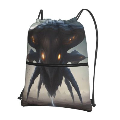 Drawstring Backpack with Zipper, Spaceship Alien Design, Black, One Size