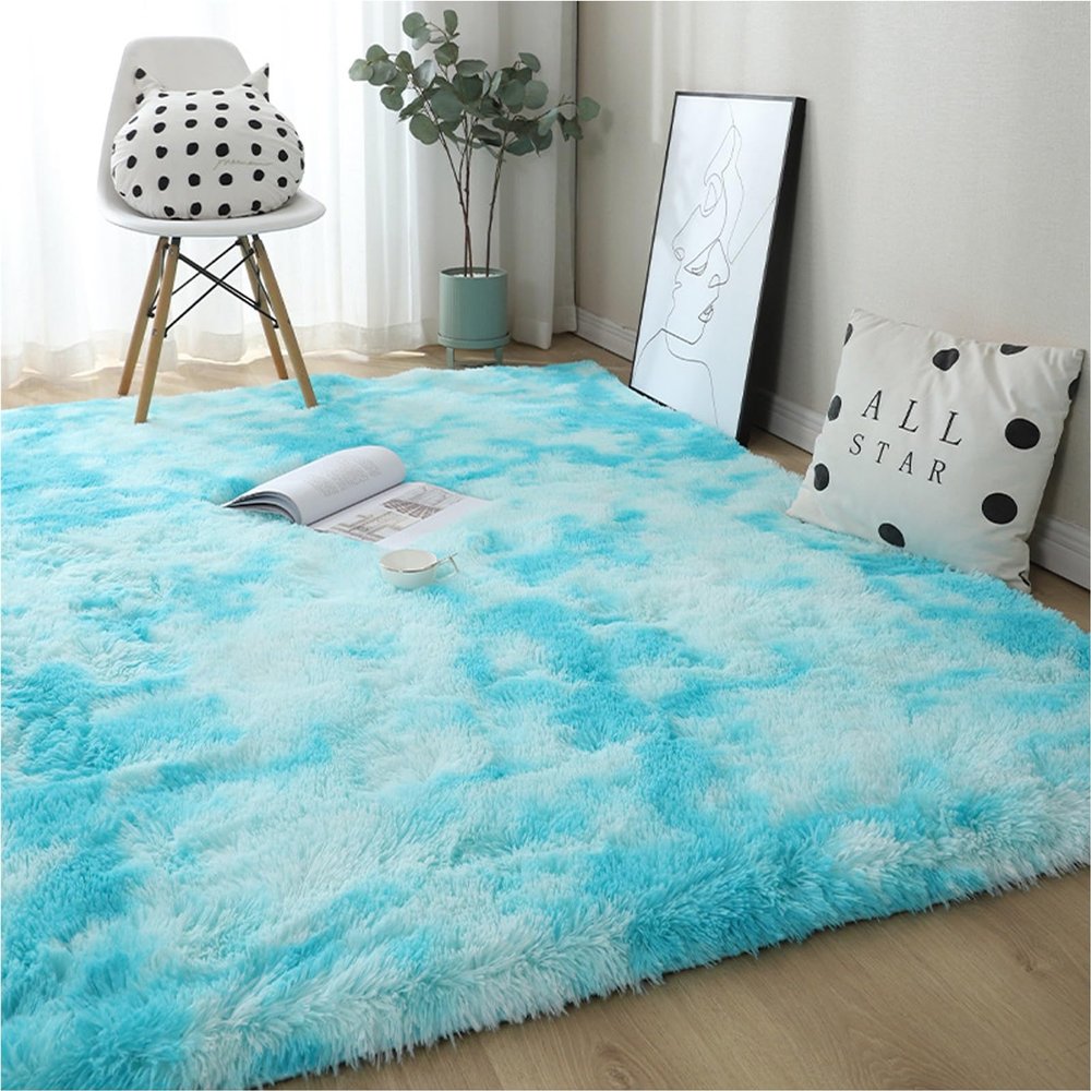 YUANWAN Shaggy High-Pile Rug 150 x 110 cm, Soft and Fluffy, Sky Blue