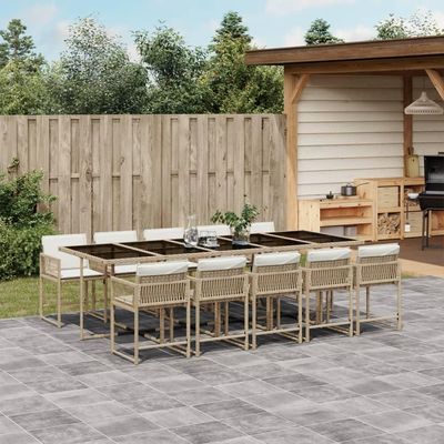 Somanki 11-Piece Beige Poly Rattan Garden Dining Set with Cushions, Table and Chairs - 3211474