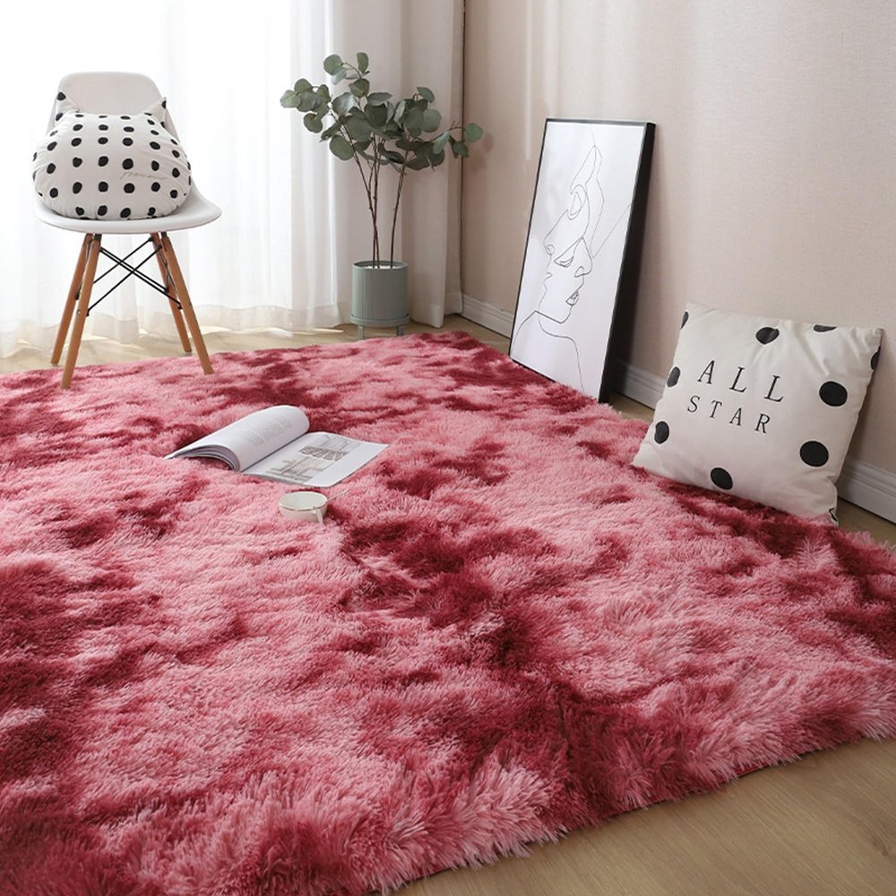 YUANWAN Shaggy High-Pile Rug 200 x 160 cm, Soft, Solid Color, Easy-Care, Non-Slip, Washable, Red