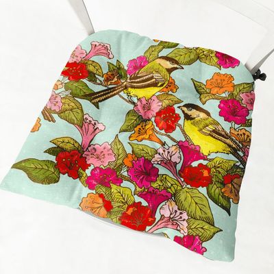Hixingo Linen Cozy Seat Cushions with Ties, Soft Washable Chair Pads, Bird Print, 40 x 40 cm, 4-Pack, Plant Flower