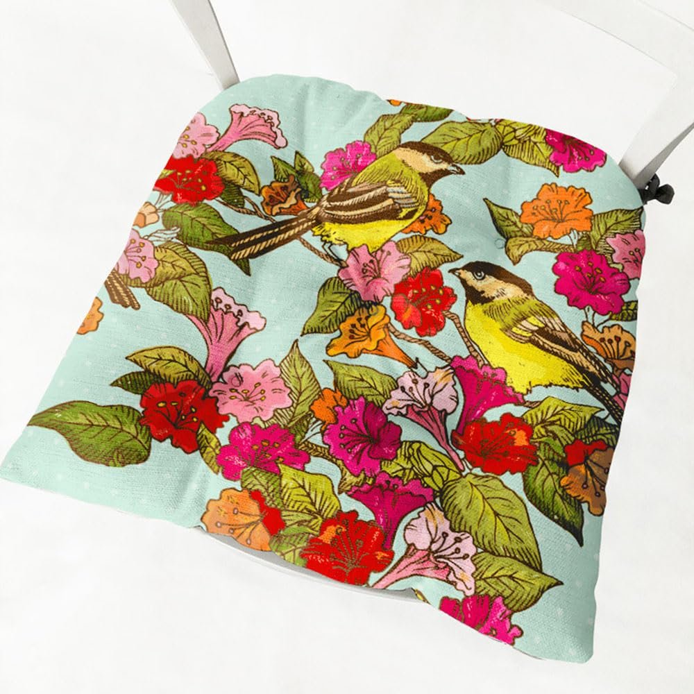Hixingo Linen Cozy Seat Cushions with Ties, Soft Washable Chair Pads, Bird Print, 40 x 40 cm, 4-Pack, Plant Flower