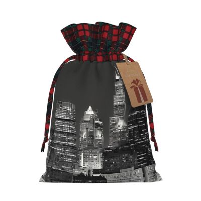 New York Print Christmas Gift Bags with Drawstrings