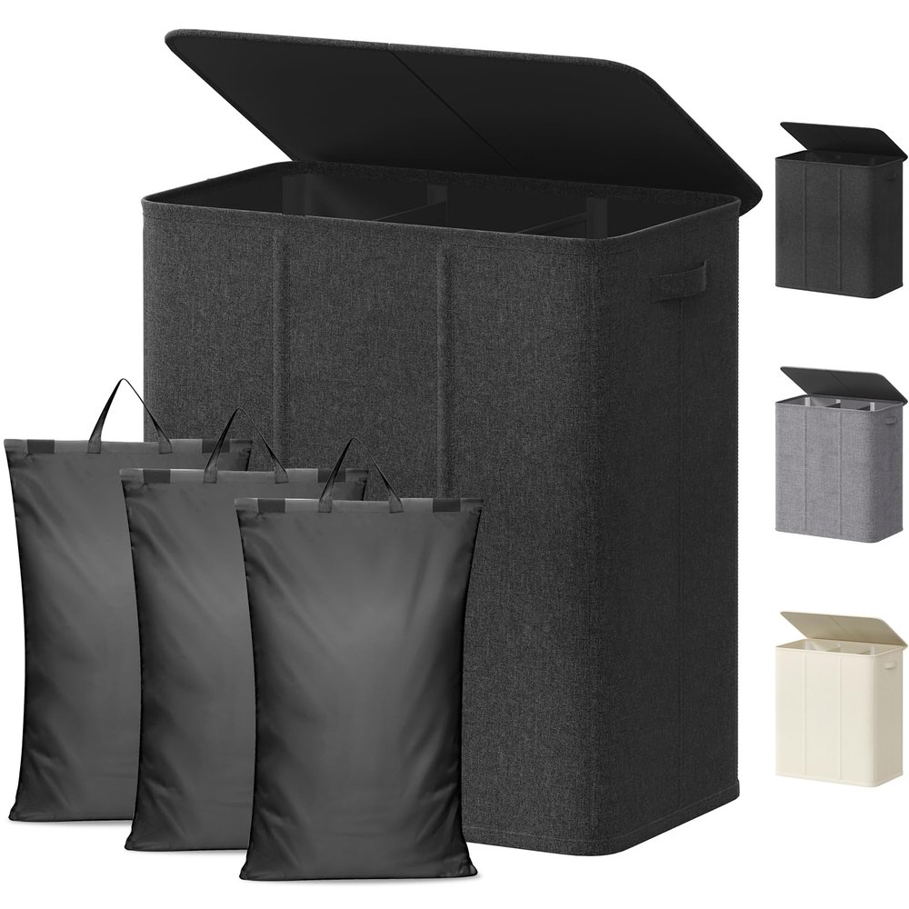 Lifewit 160L Laundry Hamper with 3 Compartments and Lid, Dark Gray