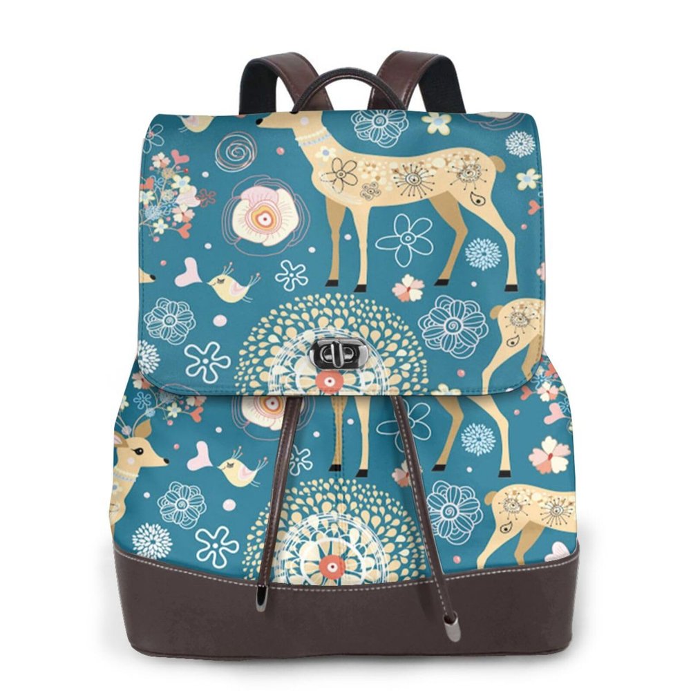 Women's Cartoon Deer Floral Print PU Leather Backpack, Waterproof, Black, One Size