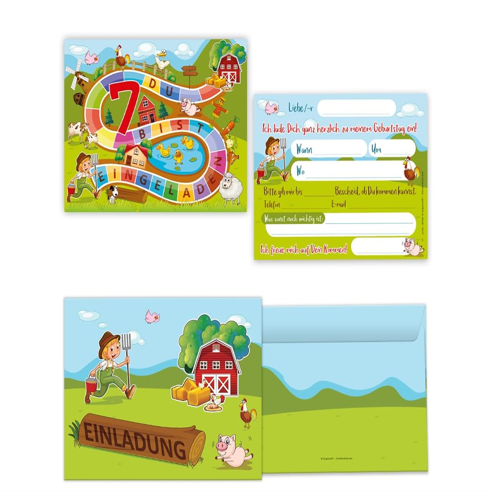 JuNa-Experten 6 Farm Adventure 7th Birthday Invitations with 6 Envelopes