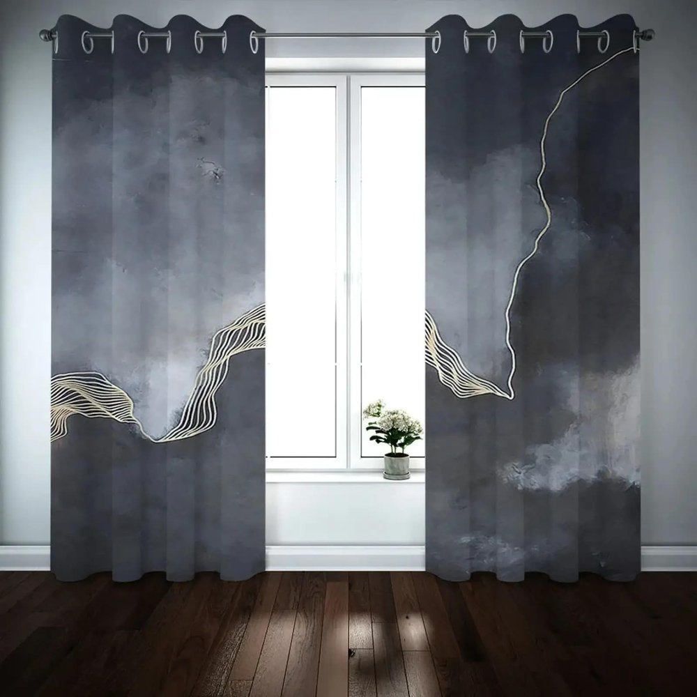Gray-White Multicolor 3D Blackout Curtains, 2 Panels, 132 x 220 cm