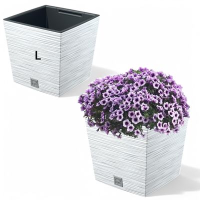 MELTOM Plastic Planter with Vertical 3D Grooves and Removable Insert, White, L - 23 cm