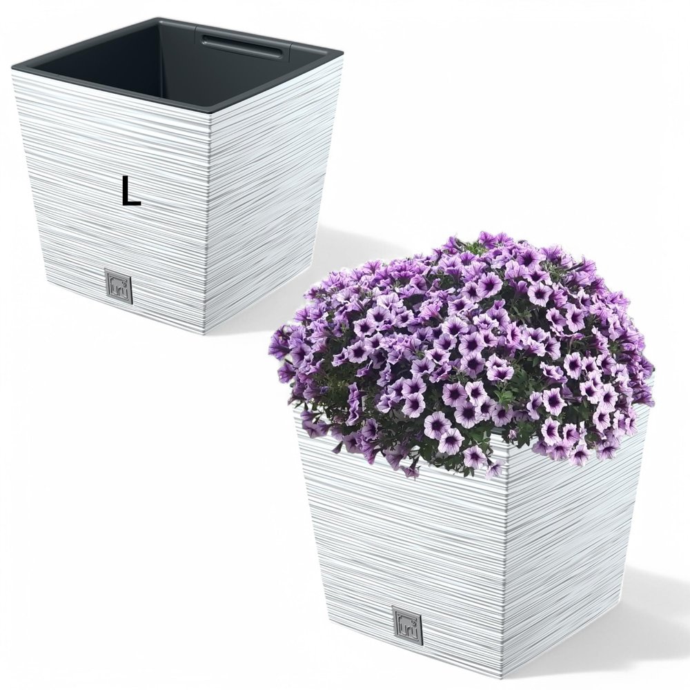 MELTOM Plastic Planter with Vertical 3D Grooves and Removable Insert, White, L - 23 cm