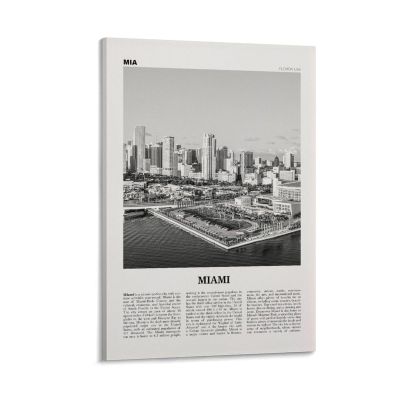 LZTEN Miami Black-and-White Skyline Canvas Wall Art, Miami Beach, Florida, USA