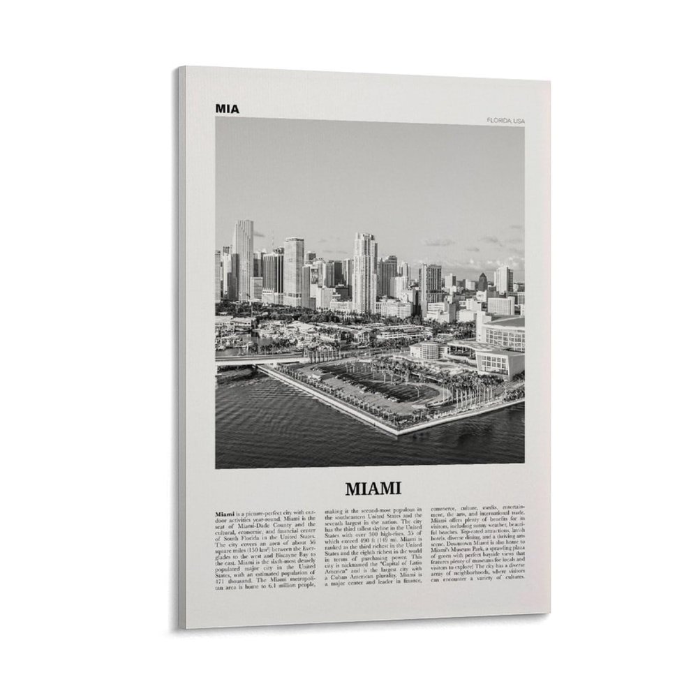 LZTEN Miami Black-and-White Skyline Canvas Wall Art, Miami Beach, Florida, USA
