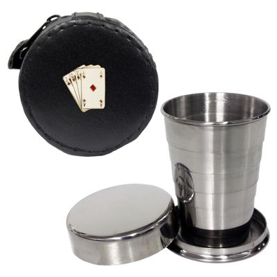 Knight Foldable Drinking Cup with Leather Poker Playing Card Case, 57 ml