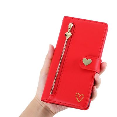 ZSUFCBF Zipper Card Wallet Leather Case for iPhone 15 Pro Max/14 Plus/13/12/11/XR/X/XS/6S/7/8/SE 2022, Love Heart Book Cover, Red