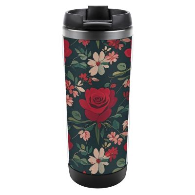 QWJKM Travel Mug with Lid, Vintage Red Rose, Insulated Leakproof Coffee Cup, 340 ml