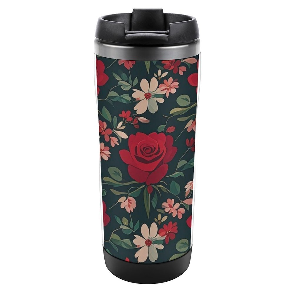 QWJKM Travel Mug with Lid, Vintage Red Rose, Insulated Leakproof Coffee Cup, 340 ml