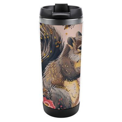 QWJKM 340 ml Travel Mug with Lid, Squirrel and Flower Design