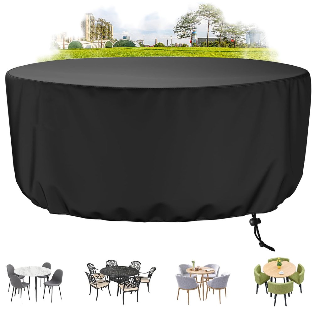 ZHZFSH Waterproof Round Garden Furniture Cover, 420D Oxford Fabric, 275 x 120 cm, Black
