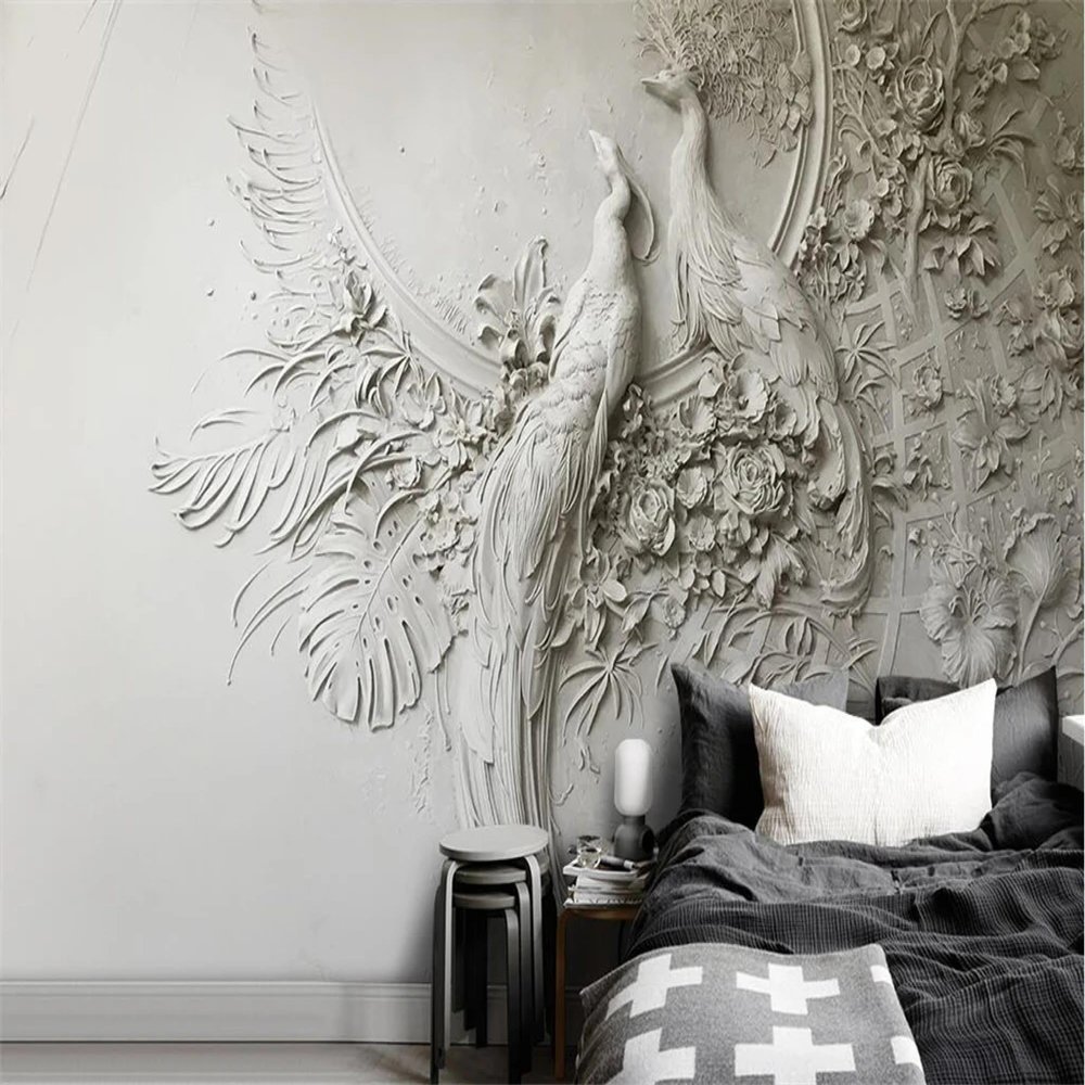 YYZOVBNN 3D Embossed Peel-and-Stick Wallpaper, Peacock, TV Sofa Background Wall, Floral and Bird Wall Art