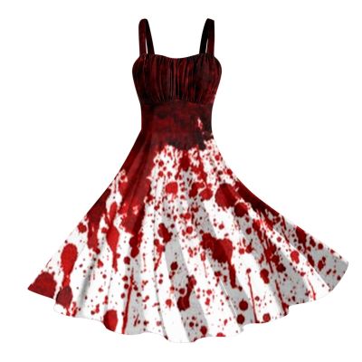 Women's Sexy Halloween Costume Dress with Bloody Print, Lace-Up Waist and Sleeveless Rockabilly Design