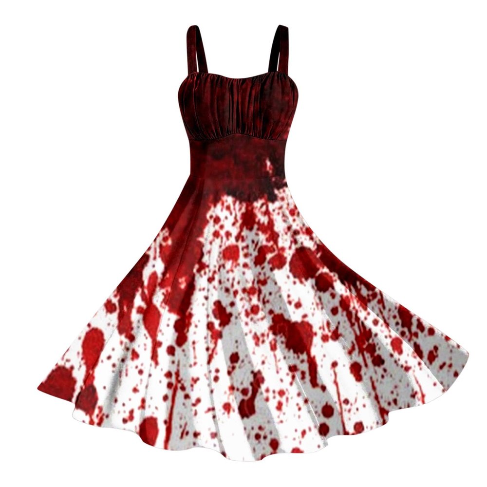 Women's Sexy Halloween Costume Dress with Bloody Print, Lace-Up Waist and Sleeveless Rockabilly Design