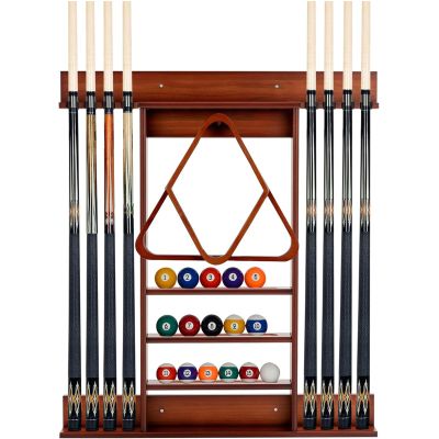 DPQYJPP Wall-Mounted Cue Holder for 8 Cues, 15 Billiard Balls and 1 Ball Stand, Freestanding Cue Rack, Solid Hardwood, Pine, Brown