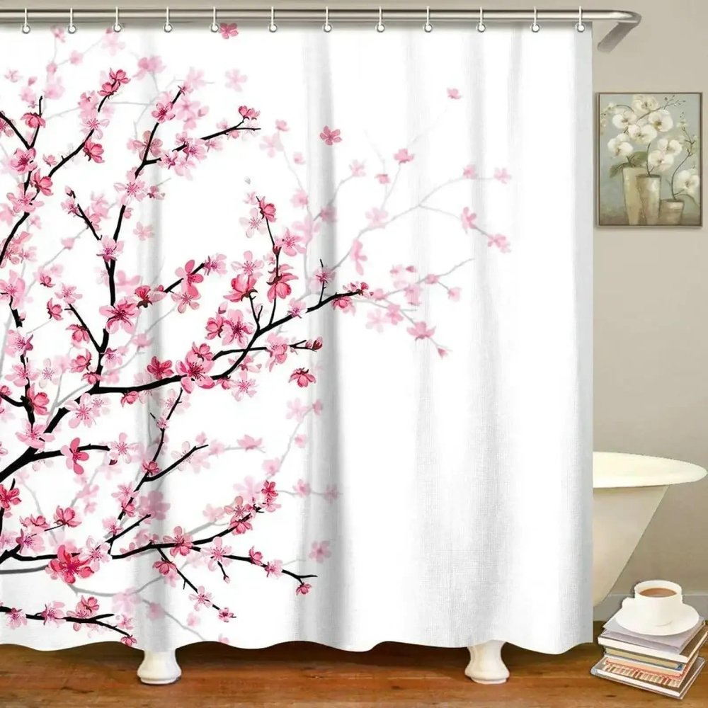 Pink Blossoms Shower Curtain, Cherry Plum and Peach, 90 x 210 cm