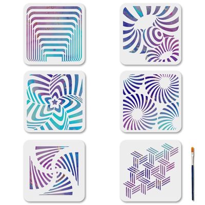MAYJOYDIY 6-Piece Geometric Optical Illusion Stencil Set, 20 x 20 cm, with Brush