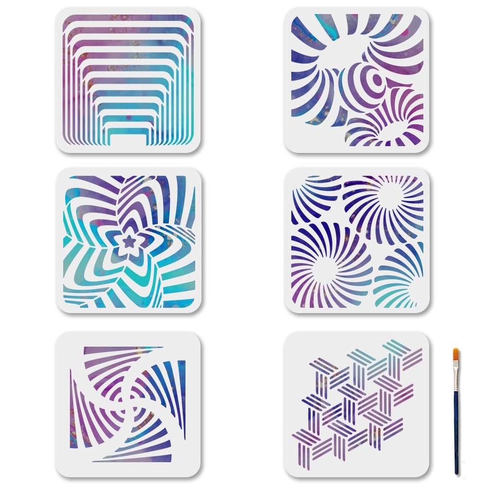 MAYJOYDIY 6-Piece Geometric Optical Illusion Stencil Set, 20 x 20 cm, with Brush