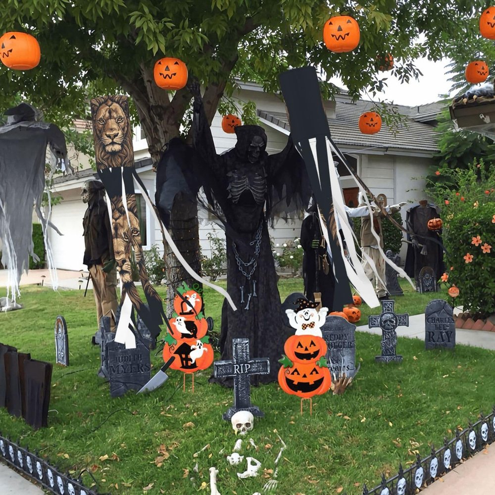 Halloween Wind Sock Flag, 40-Inch Outdoor Hanging Decoration, Flying Witch and Cartoon Lion