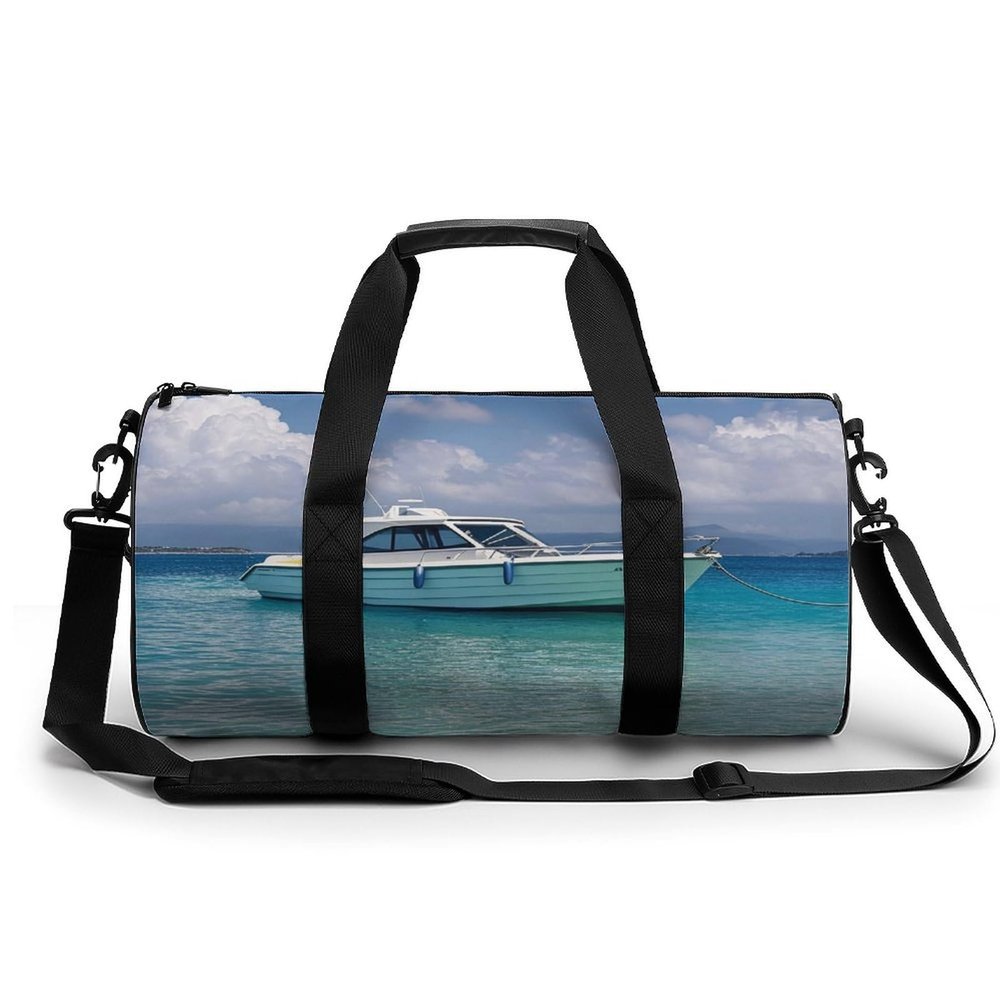 Sport Duffel Bag for Women and Men, White Boat on Blue Sea, 45 cm/22.9