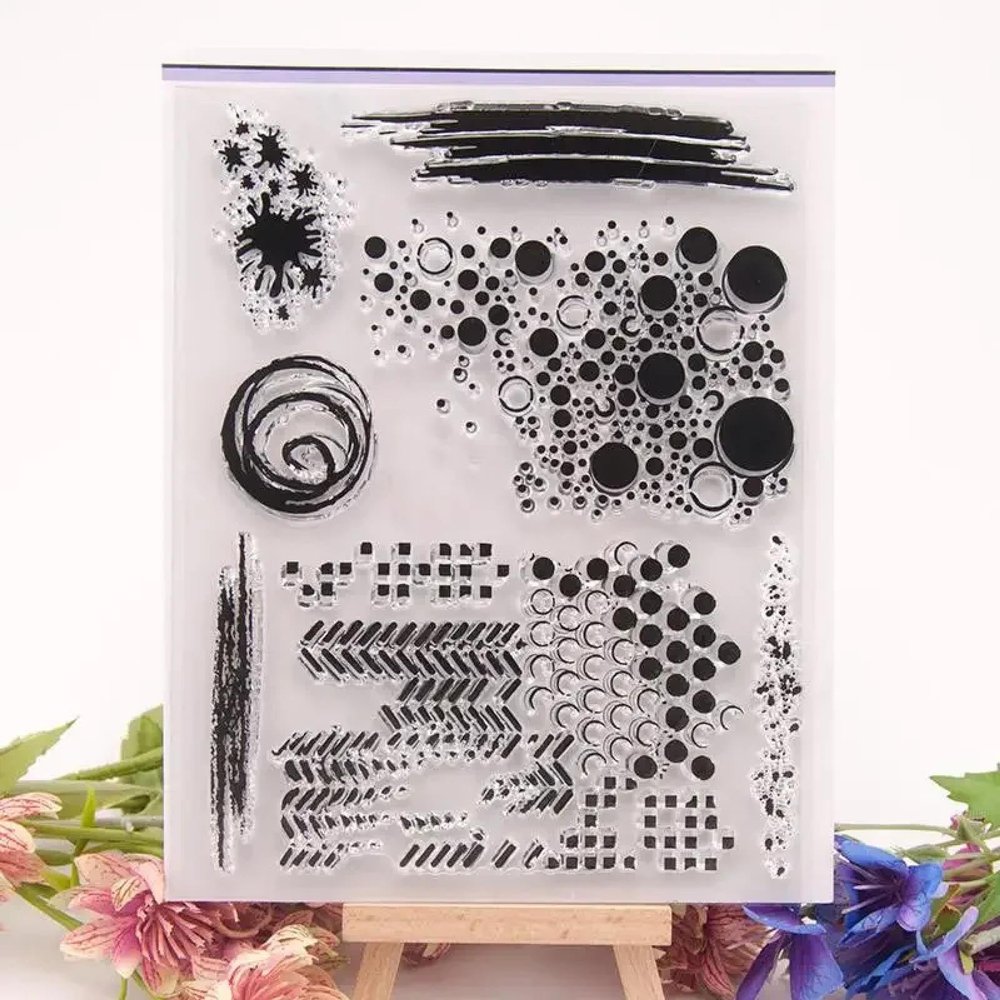 Silicone Craft Stamps, 14 x 18 cm, Circles, Dots and Leaf, Transparent