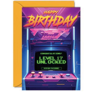Giftzie 17th Birthday Card for Boys and Girls, Level 17 Unlocked, 12.7 x 17.8 cm Video Game Greeting Card