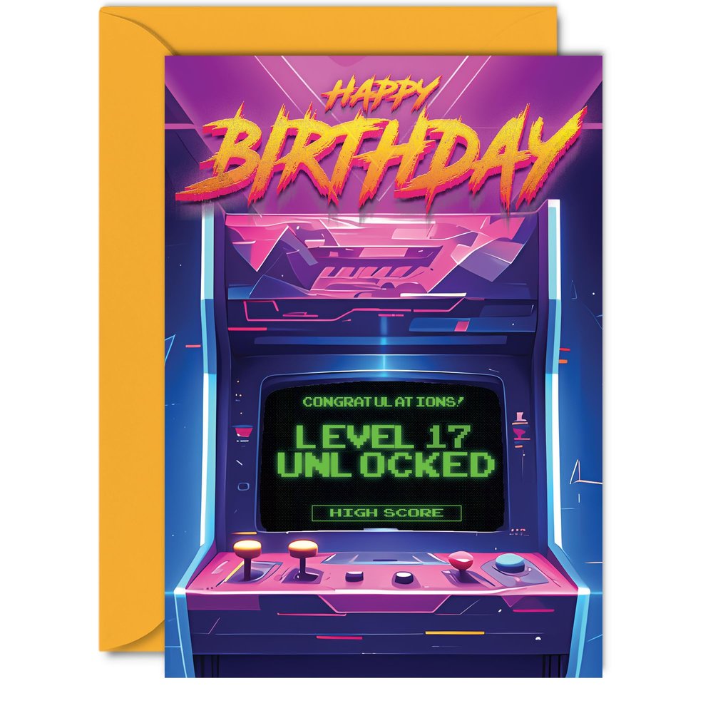 Giftzie 17th Birthday Card for Boys and Girls, Level 17 Unlocked, 12.7 x 17.8 cm Video Game Greeting Card
