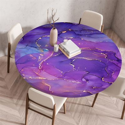 Treer Purple Marble-Texture Round Outdoor Tablecloth, Waterproof Elastic Fitted Table Cover, 60 cm, Light Purple