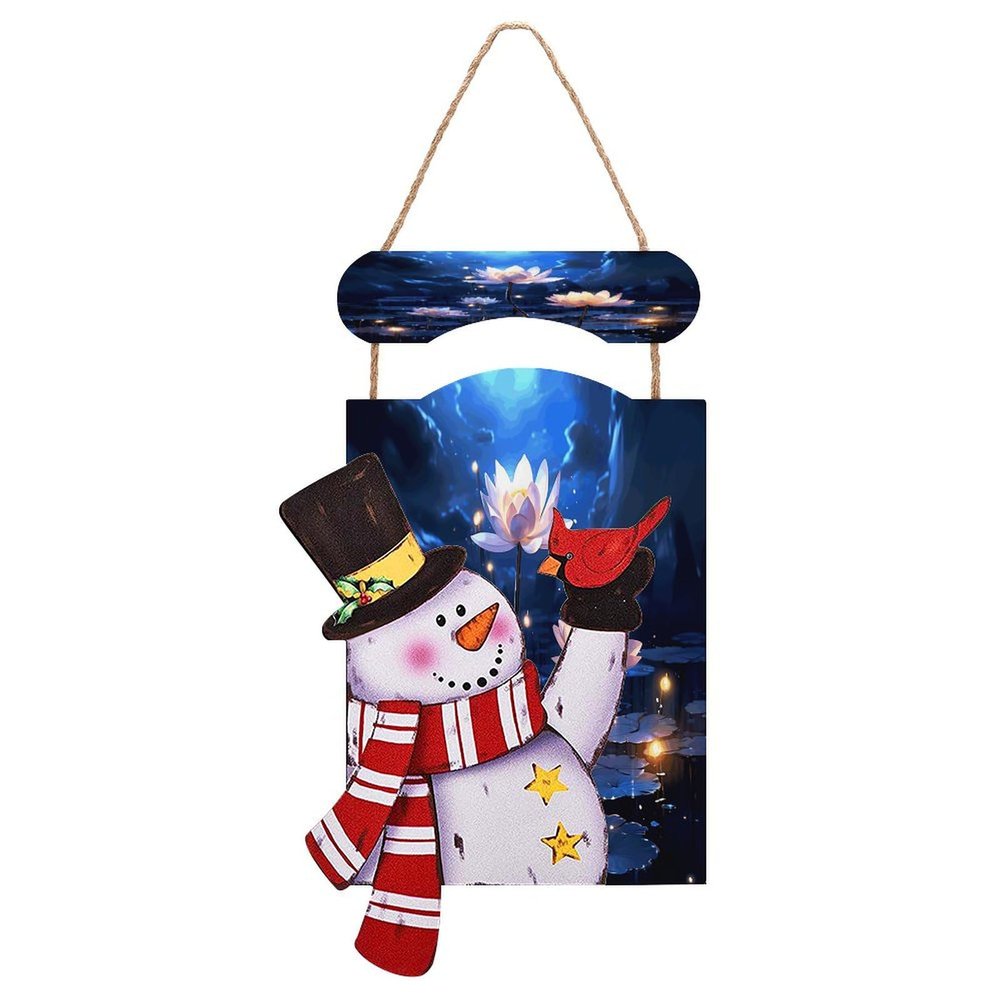 Christmas Snowman Wooden Sign with Night Lotus Flower Print