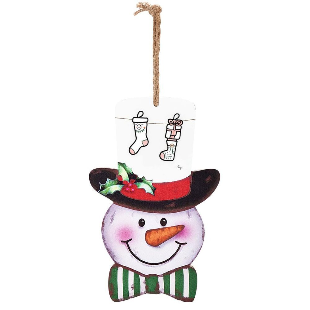 Holiday Snowman Wooden Sign with Rope, Stocking Gift Box Print, Christmas Wall Hanging Decoration for Home