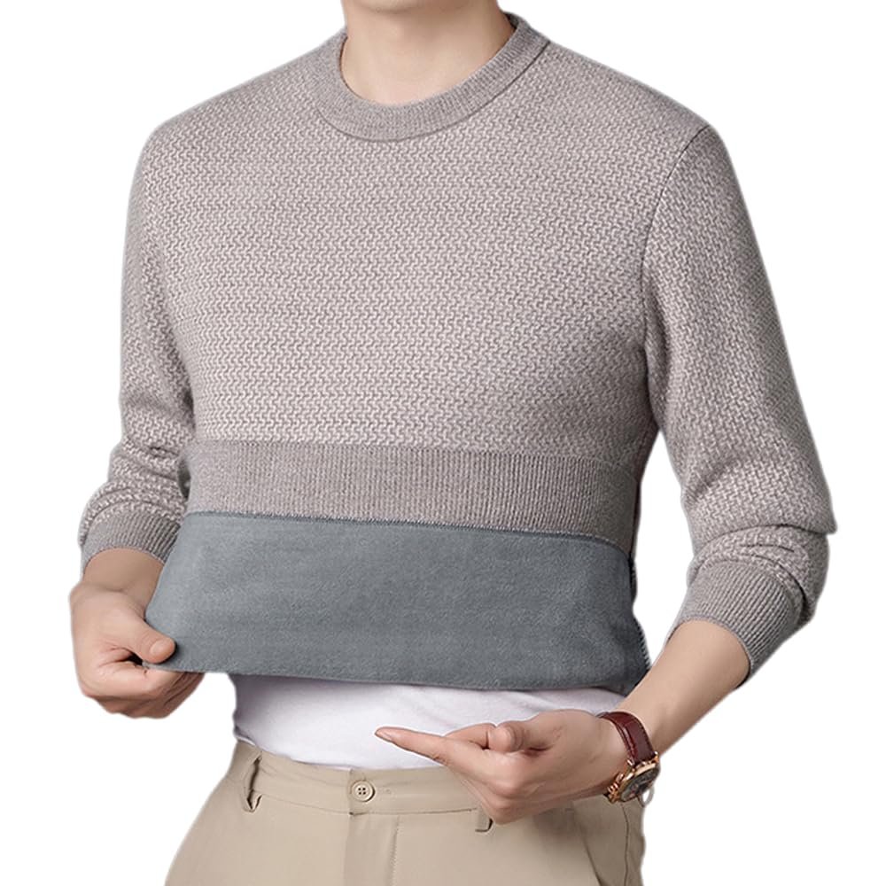 KEKUBUWE Men's Warm Sherpa-Lined Crewneck Sweater, Beige, XXL