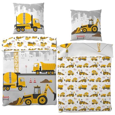 BERONAGE Construction Vehicle Kids' Bedding Set, 135 x 200 cm + 80 x 80 cm, 100% Cotton Renforcé-Linon
