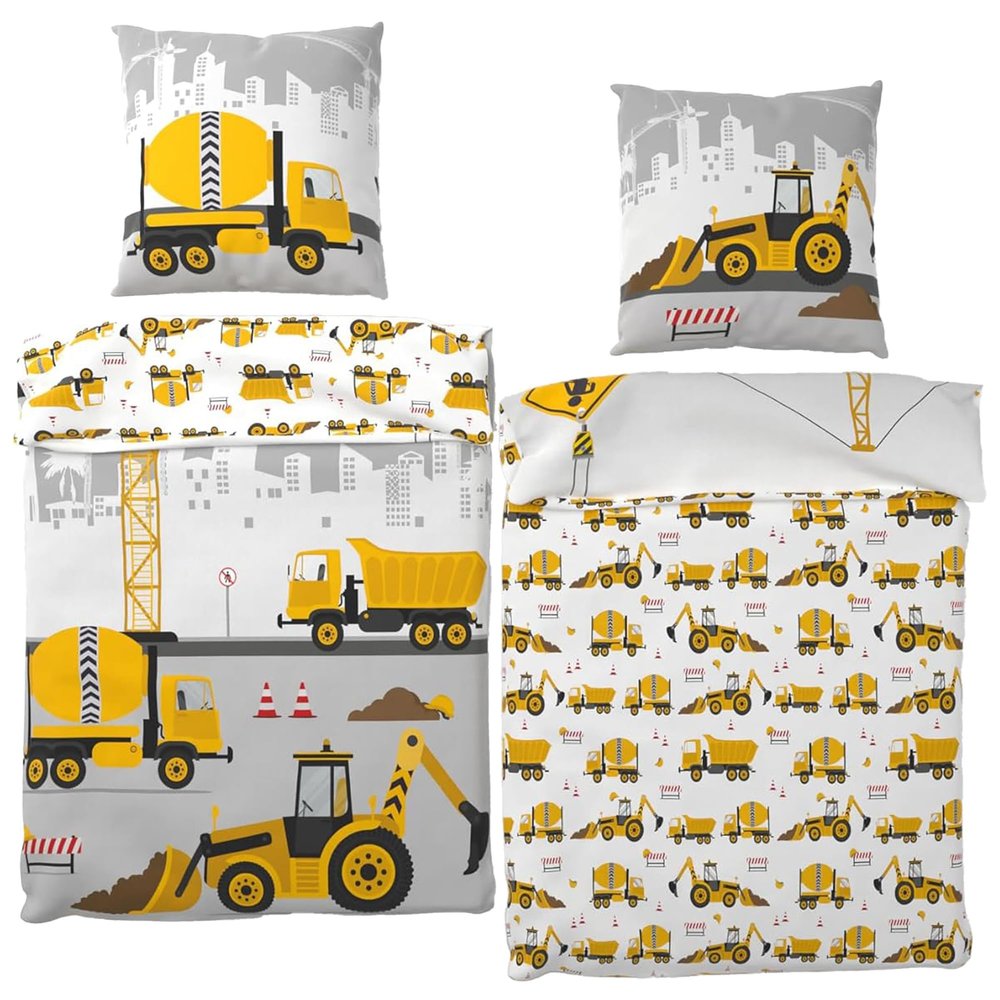 BERONAGE Construction Vehicle Kids' Bedding Set, 135 x 200 cm + 80 x 80 cm, 100% Cotton Renforcé-Linon