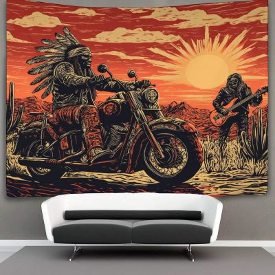 CTAMM Indians on Motorcycles Cactus and Sunset Tapestry Wall Hanging