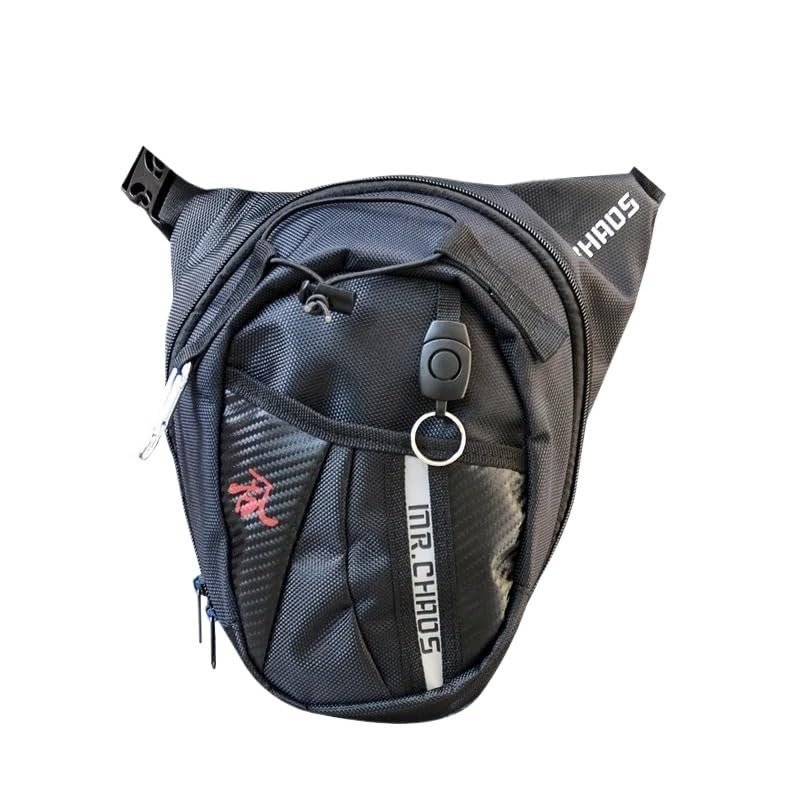 Motorcycle Leg Bag with Deep Leg Fit, Thigh Strap, Waterproof Tactical Travel Bag, Black with Red Sign