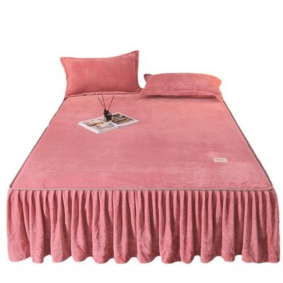 Milk Velvet Quilted Bed Skirt and Bedspread Set with 2 Pillowcases, Pink, Super King 180 x 200 cm