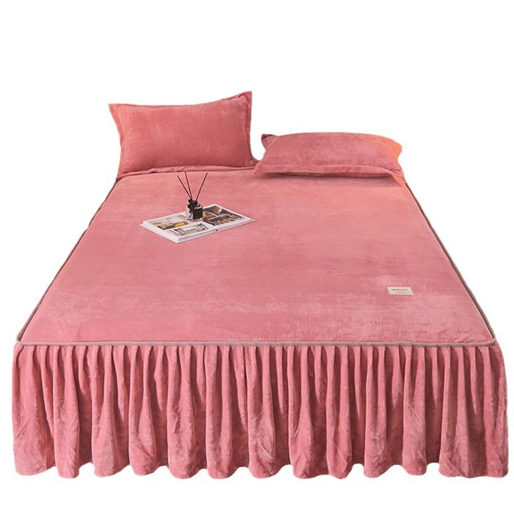Milk Velvet Quilted Bed Skirt and Bedspread Set with 2 Pillowcases, Pink, Super King 180 x 200 cm