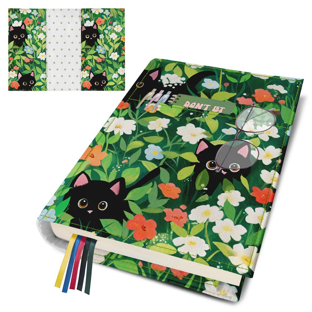 Adjustable Book Cover with Cute Cat Floral Pattern
