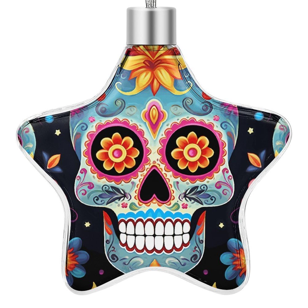 Christmas Star Ornament, Sugar Skull Print, Shimmering Plastic and Aluminum Hanging Decoration