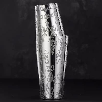 Stainless Steel Cocktail Shaker Set, Etched Design, 304 Stainless Steel, Boston Shaker Style, 510 ml and 800 ml (Silver-Weighted, Leaves)