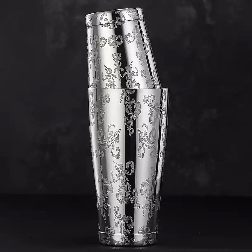 Stainless Steel Cocktail Shaker Set, Etched Design, 304 Stainless Steel, Boston Shaker Style, 510 ml and 800 ml (Silver-Weighted, Leaves)