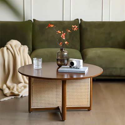 Locuetyn Small Rattan Coffee Table, Boho Solid Wood Round Side Table